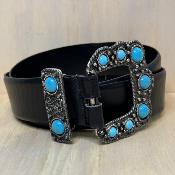Sandy Dufter Western Turquoise Black Leather Belt - Picture 1 of 10
